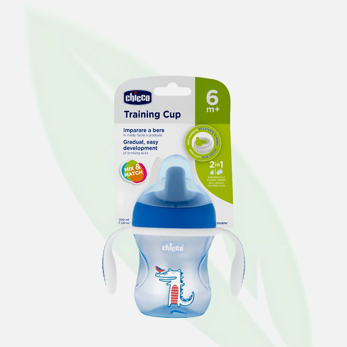 CHICCO كوب تدريب بفوهة شبه طرية ومقابض قابلة للفك 6 شهور+ CHICCO كوب تدريب بفوهة شبه طرية ومقابض قابلة للفك 6 شهور+