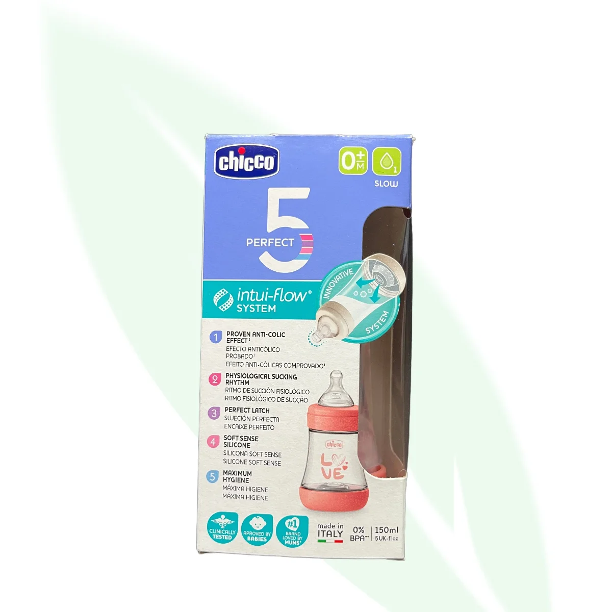CHICCO Perfect 5 Slow Flow Silicone Feeding Bottle 0M+ 150ml Girl CHICCO Perfect 5 Slow Flow Silicone Feeding Bottle 0M+ 150ml Girl