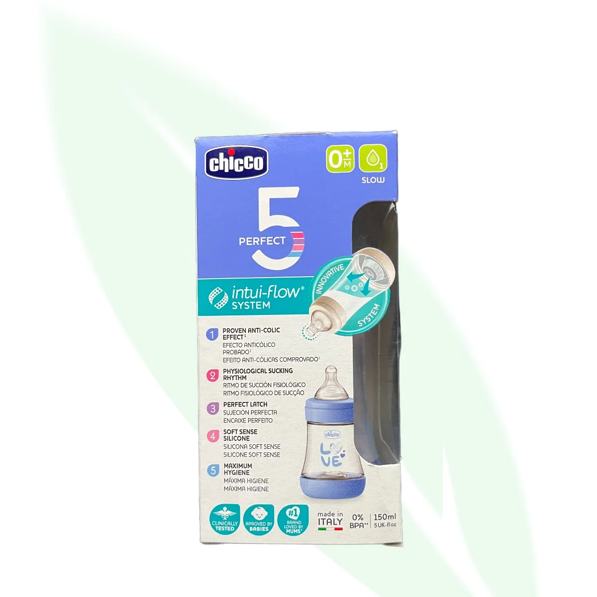 CHICCO Perfect 5 Slow Flow Silicone Feeding Bottle 0M+ 150ml Boy CHICCO Perfect 5 Slow Flow Silicone Feeding Bottle 0M+ 150ml Boy