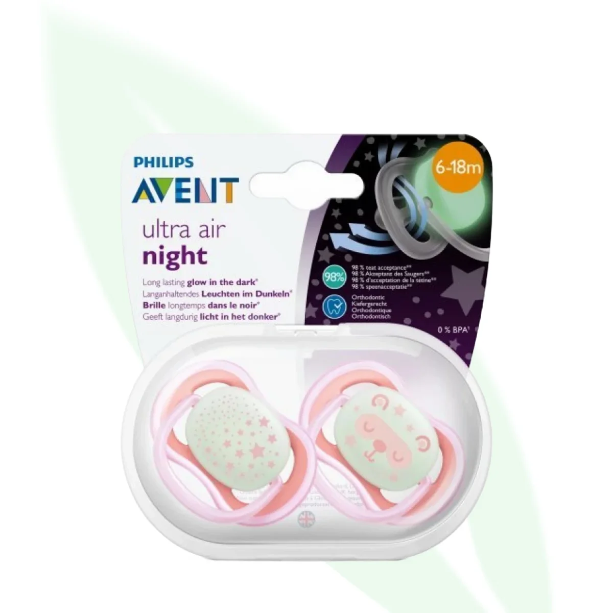 AVENT Ultra Air Night Soother Girl 6-18 Months 2-Pack
